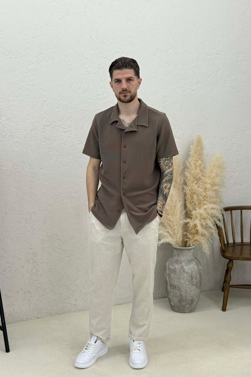 ONE COLOR TEXTURED MEN SHIRT LIGHT BROWN/KAZB - 2