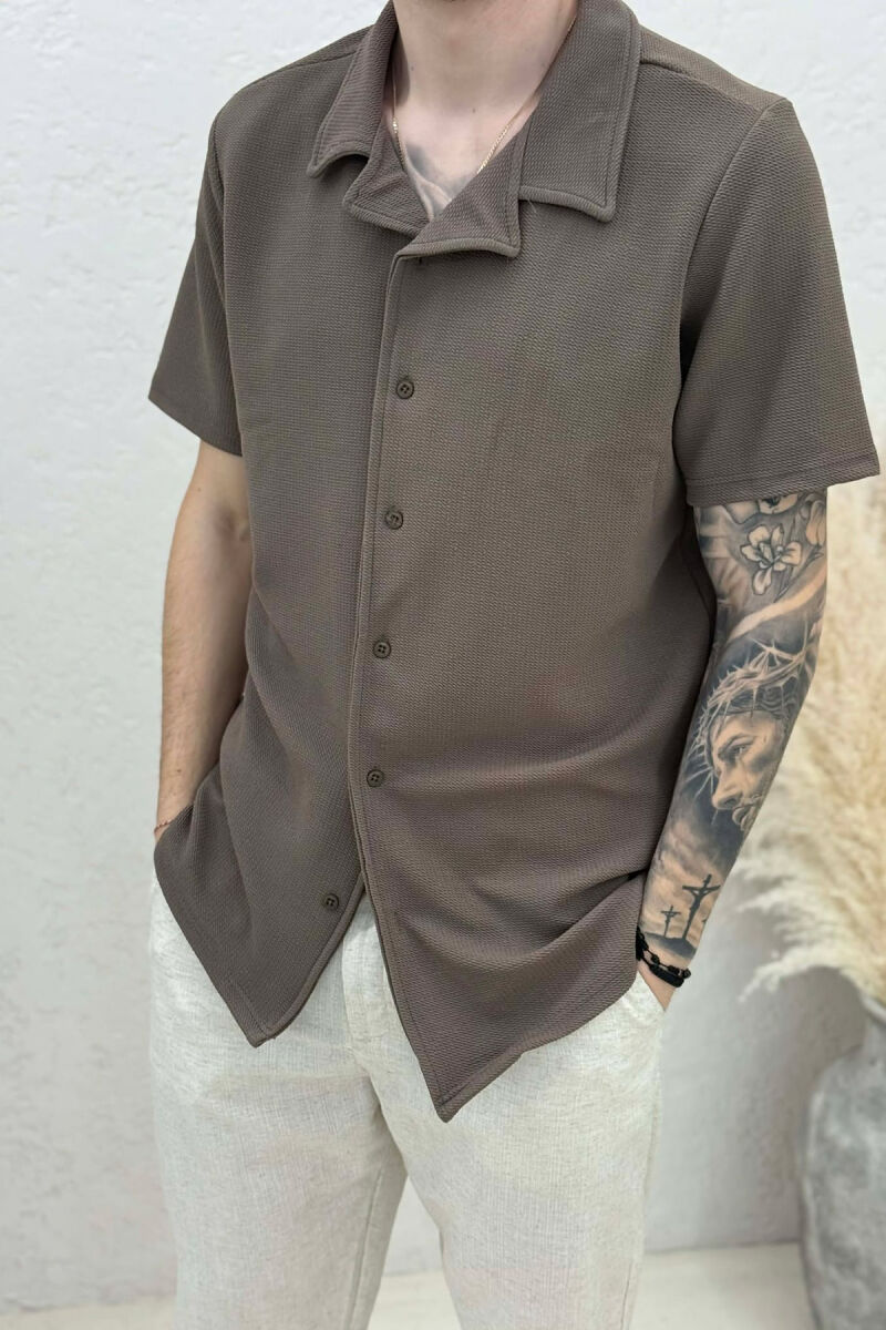 ONE COLOR TEXTURED MEN SHIRT LIGHT BROWN/KAZB - 3