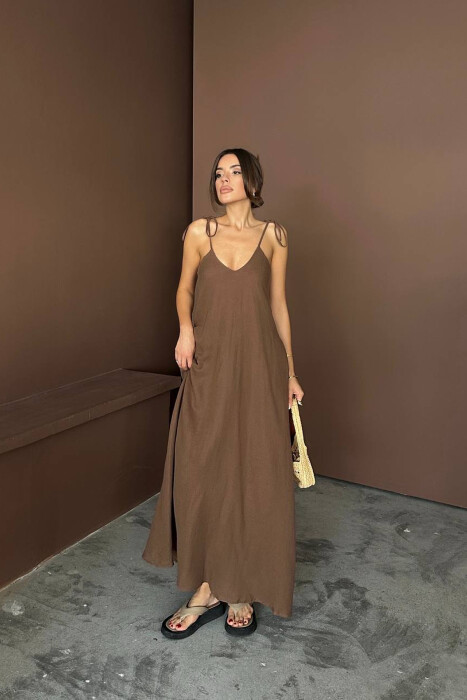 ONE COLOR THIN STRIPES WOMAN DRESS BROWN/KAFE - KLAUDIO FASHION