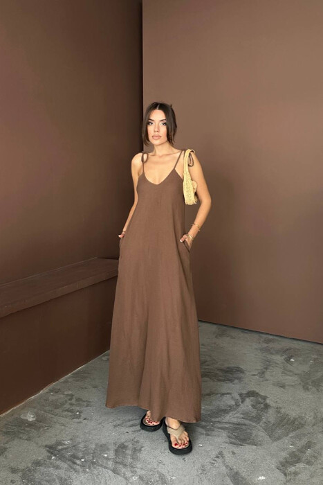 ONE COLOR THIN STRIPES WOMAN DRESS BROWN/KAFE - 3