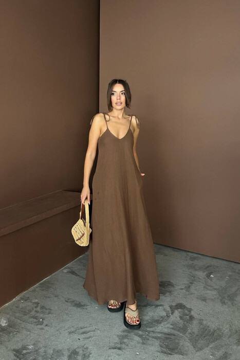 ONE COLOR THIN STRIPES WOMAN DRESS BROWN/KAFE - 4