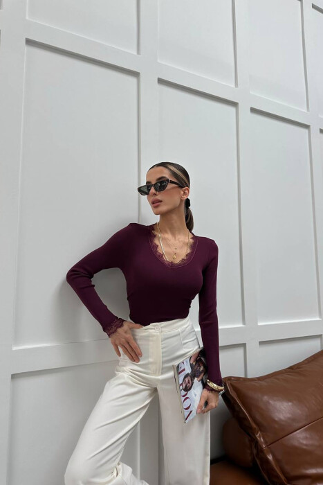 ONE COLOR TULLE DETAIL V NECK WOMEN SWEATER DARK PURPLE/LEJLA ERRET - KLAUDIO FASHION