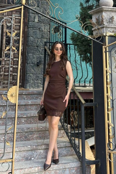 ONE COLOR TULLE DETAIL WOMAN DRESS BROWN/KAFE - KLAUDIO FASHION