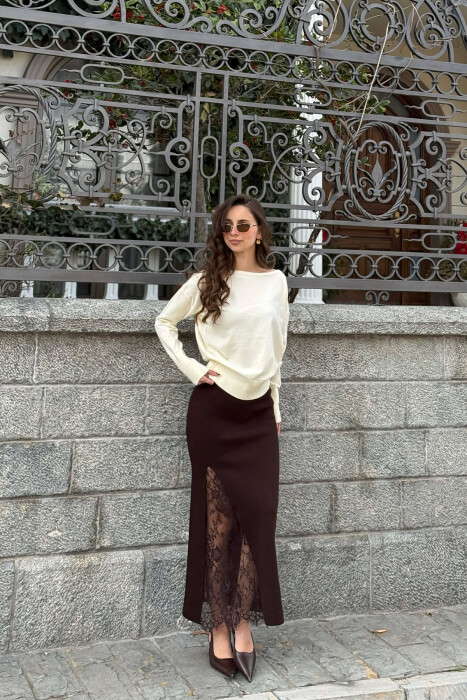 ONE COLOR TULLE DETAIL WOMAN SKIRT BROWN/KAFE - 1