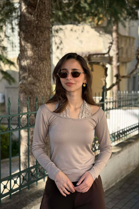 ONE COLOR TULLE DETAIL WOMAN SWEATSHIRT BEIGE/BEZHE - 1