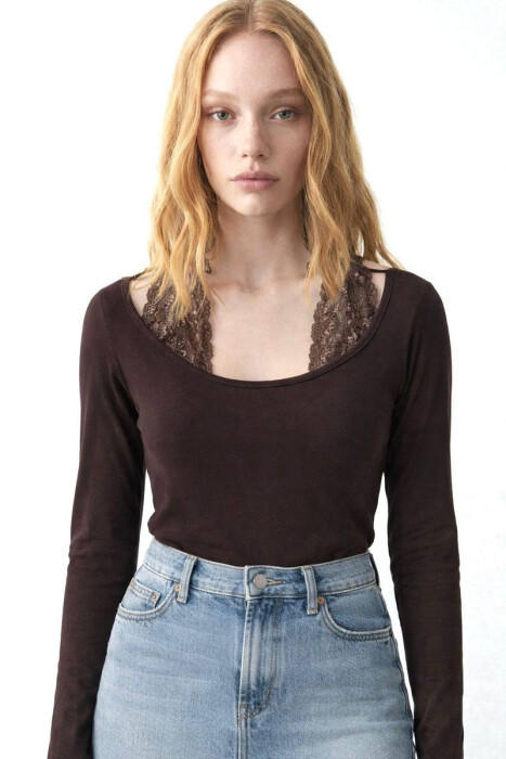 ONE COLOR TULLE DETAIL WOMAN SWEATSHIRT BROWN/KAFE - 