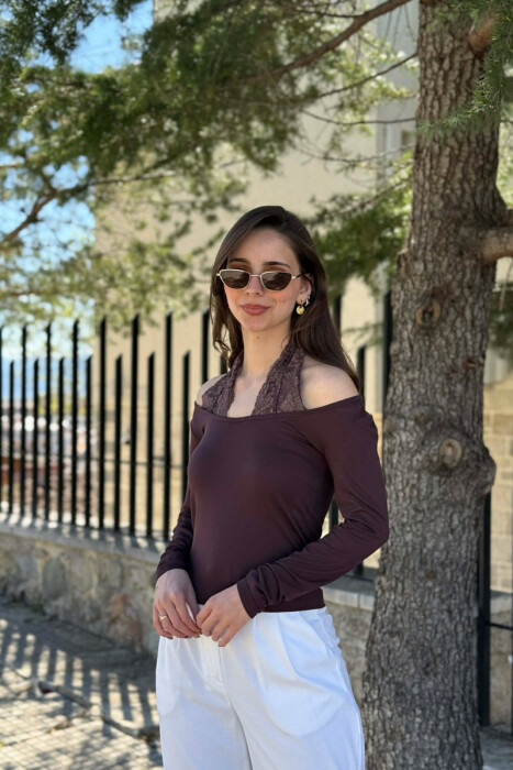 ONE COLOR TULLE DETAIL WOMAN SWEATSHIRT BROWN/KAFE - 