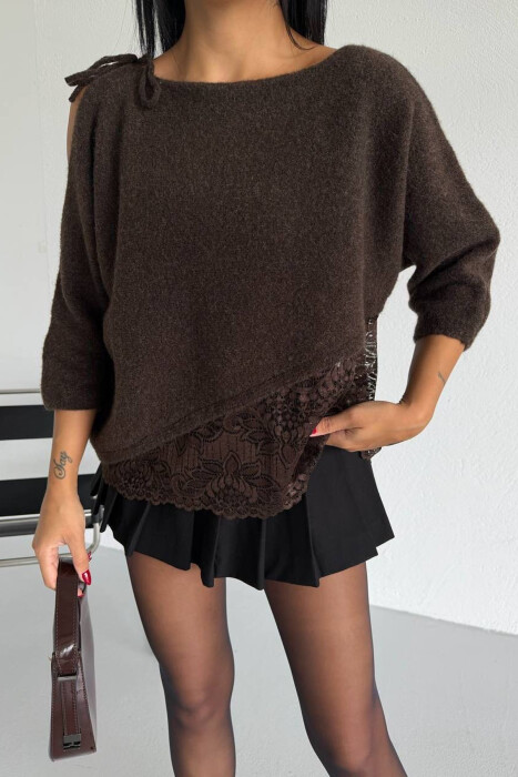 ONE COLOR TULLE DETAIL WOMAN SWEATER BROWN/KAFE - KLAUDIO FASHION