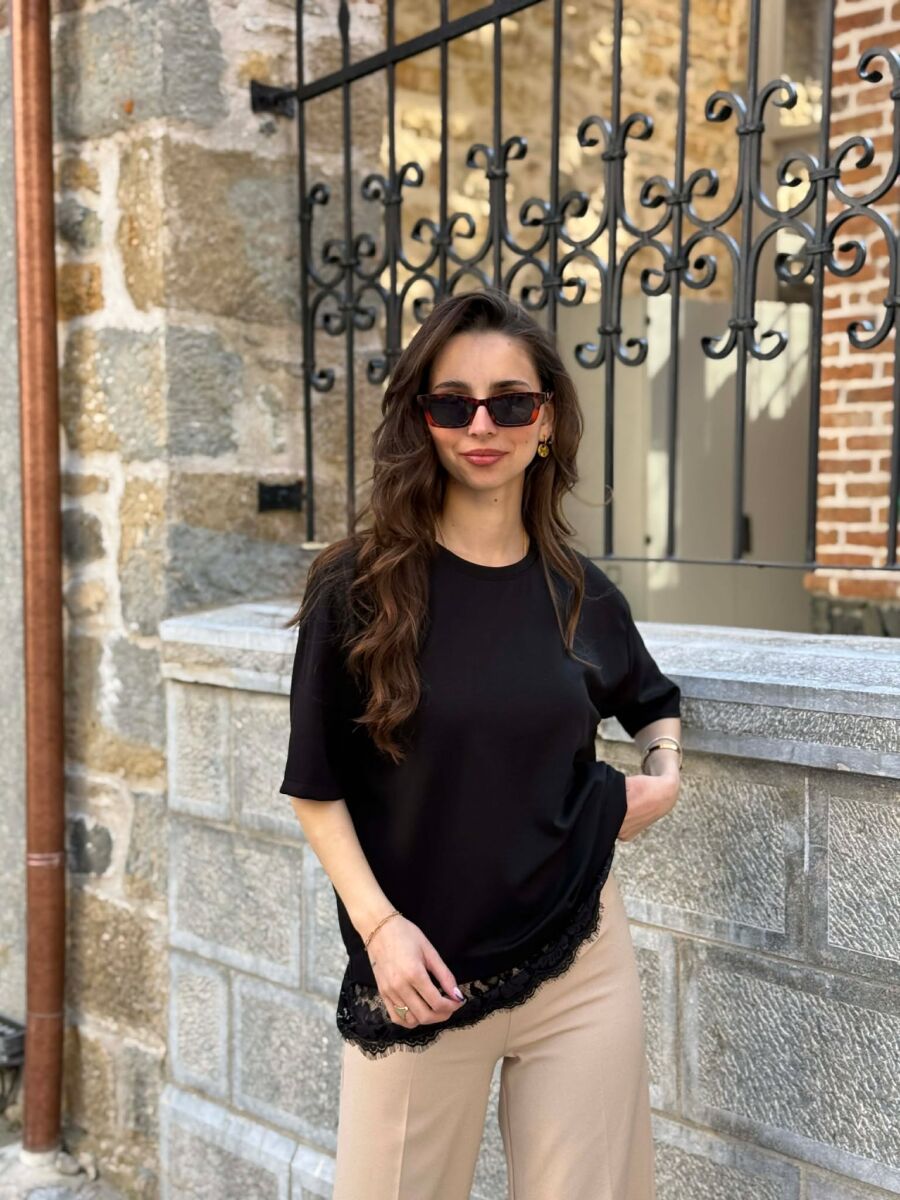 ONE COLOR TULLE DETAIL WOMAN T-SHIRT BLACK/ E ZEZE - 3