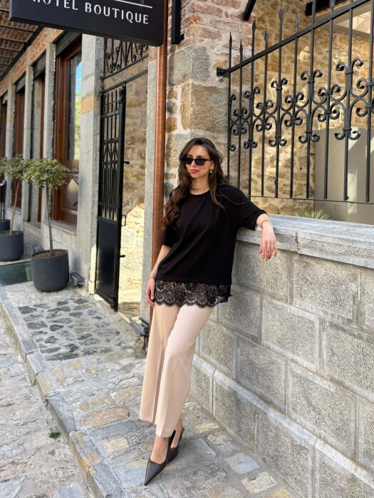 ONE COLOR TULLE DETAIL WOMAN T-SHIRT BLACK/ E ZEZE - 