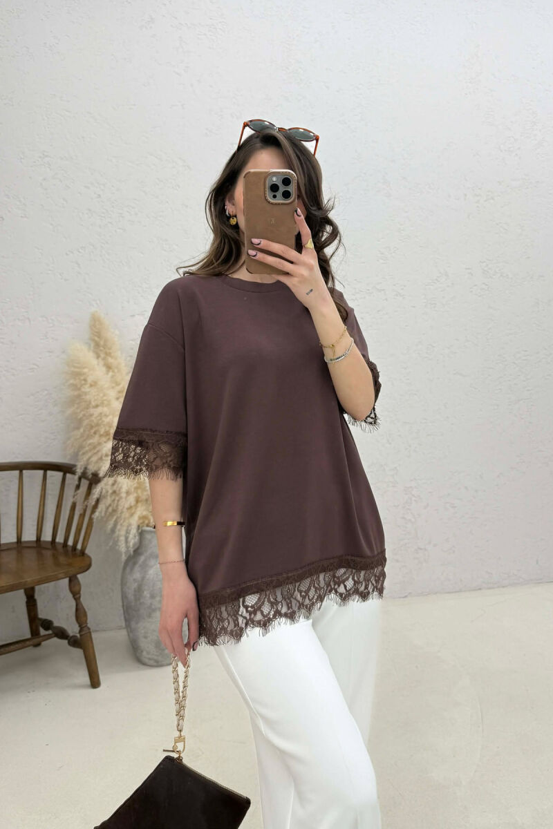 ONE COLOR TULLE DETAIL WOMAN T- SHIRT BROWN/KAFE - 1