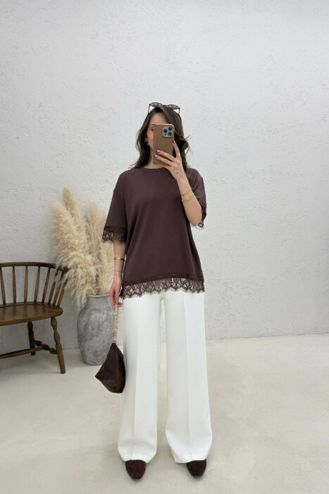 ONE COLOR TULLE DETAIL WOMAN T- SHIRT BROWN/KAFE - 3