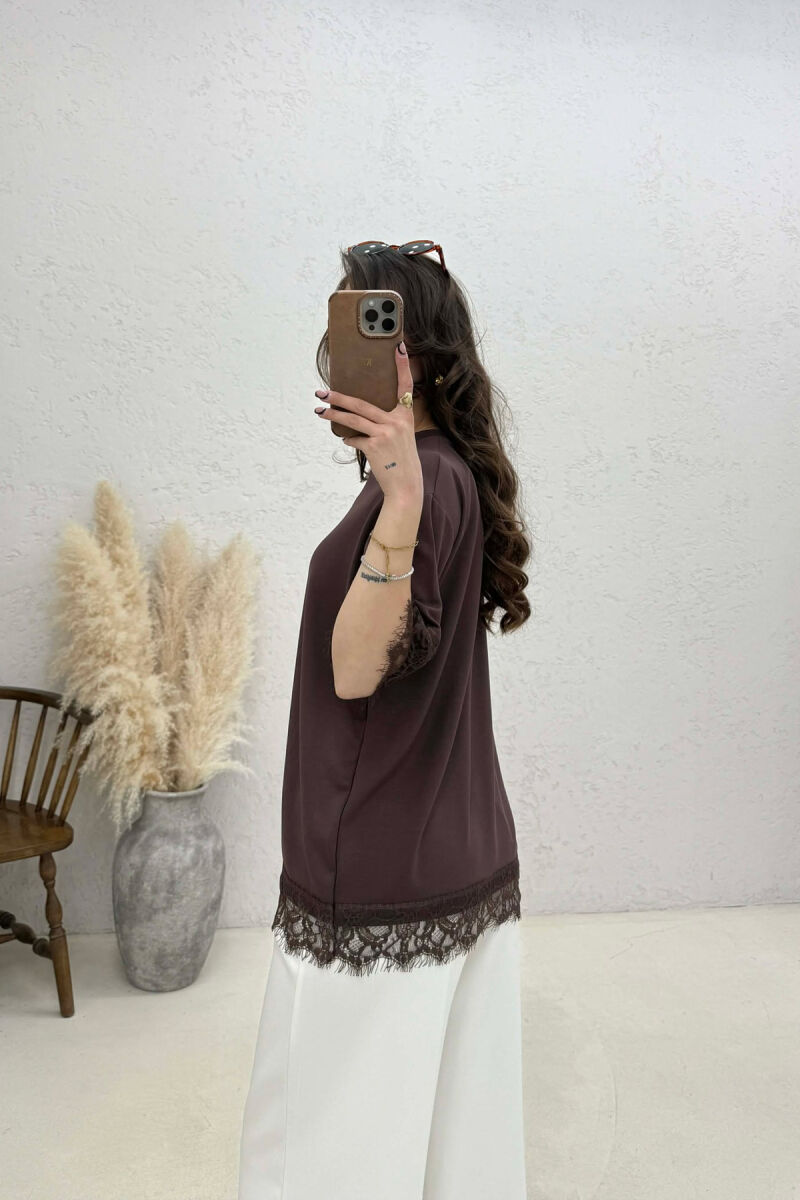 ONE COLOR TULLE DETAIL WOMAN T- SHIRT BROWN/KAFE - 4