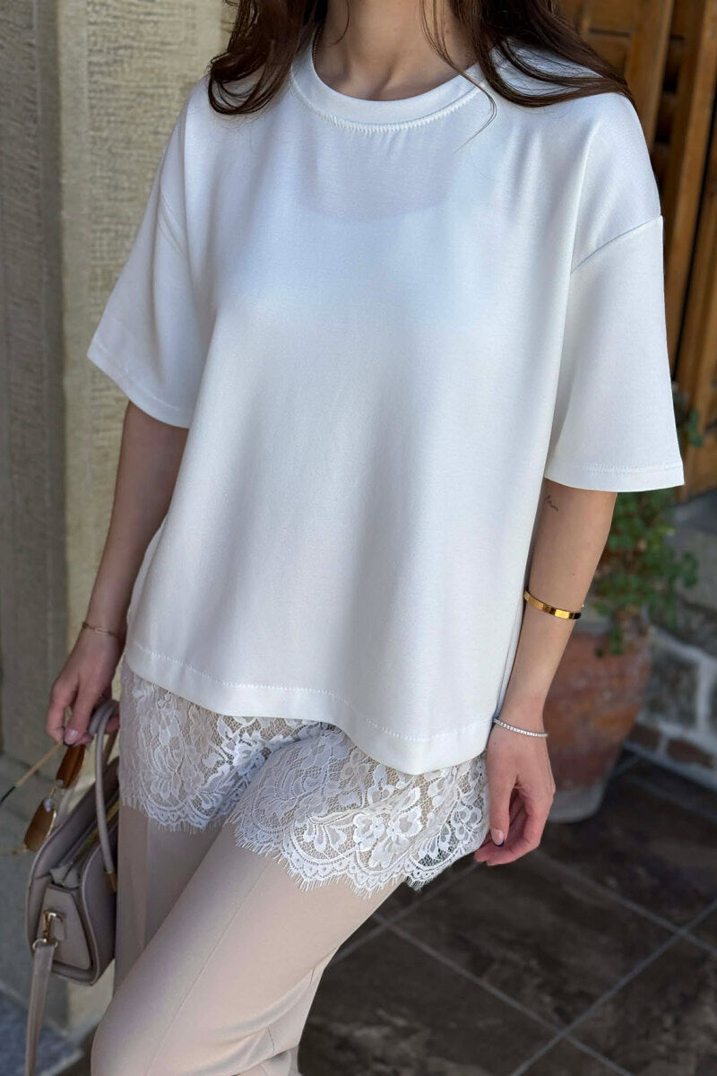 ONE COLOR TULLE DETAIL WOMAN T-SHIRT WHITE-E BARDHE - 3