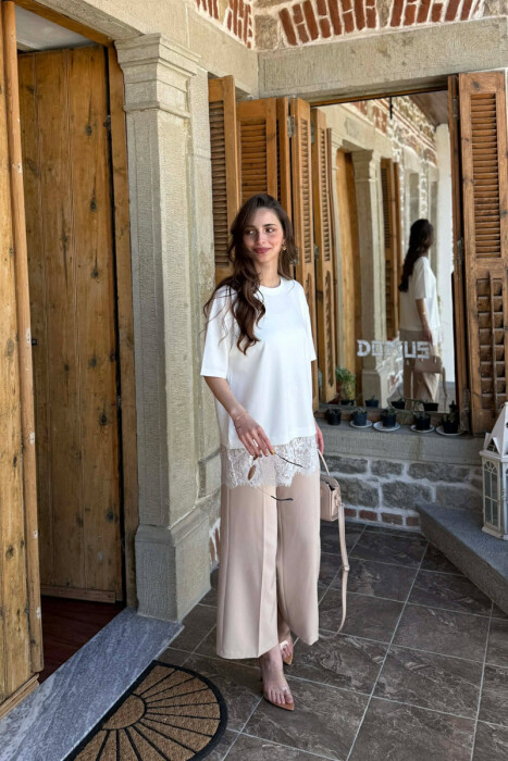 ONE COLOR TULLE DETAIL WOMAN T-SHIRT WHITE-E BARDHE - 4