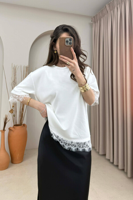ONE COLOR TULLE DETAIL WOMAN T- SHIRT WHITE-E BARDHE - 