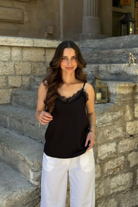 ONE COLOR TULLE DETAIL WOMAN TANK TOP BLACK/ E ZEZE - KLAUDIO FASHION
