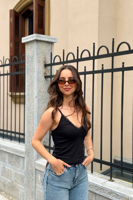 ONE COLOR TULLE DETAIL WOMAN TANK TOP BLACK/ E ZEZE - KLAUDIO FASHION