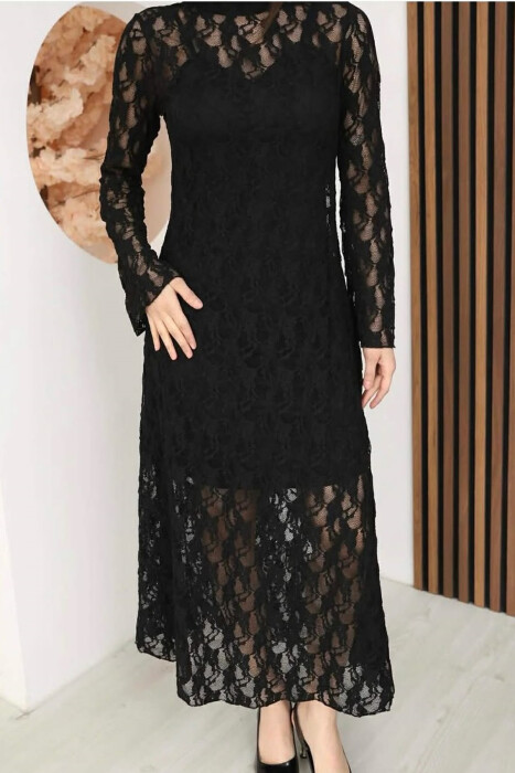 ONE COLOR TULLE LONG SLEEVE WOMAN DRESS BLACK/ E ZEZE - 3