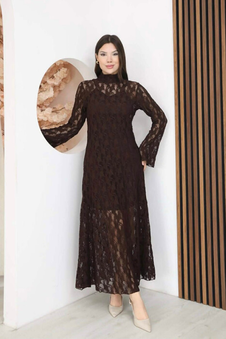 FUSTAN I GJATE NJE NGJYRESH ME DETAJ TYLI PER FEMRA NE NGJYRE KAFE - KLAUDIO FASHION