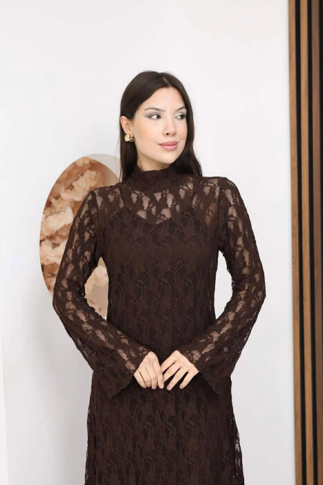 ONE COLOR TULLE LONG SLEEVE WOMAN DRESS BROWN/KAFE - 2