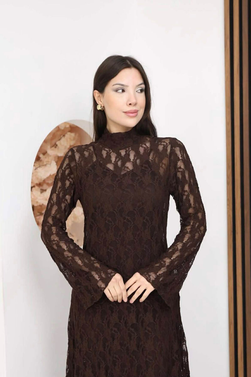 ONE COLOR TULLE LONG SLEEVE WOMAN DRESS BROWN/KAFE - 2