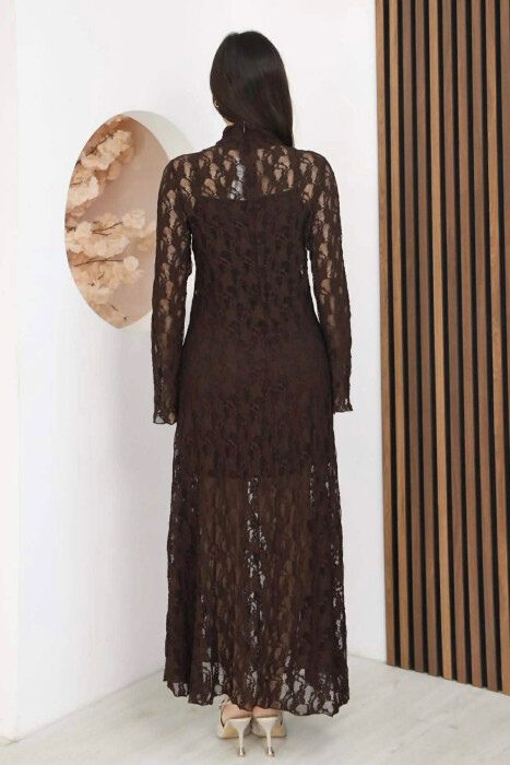 ONE COLOR TULLE LONG SLEEVE WOMAN DRESS BROWN/KAFE - 4