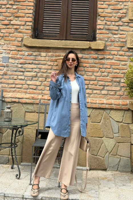 ONE COLOR TWO FRONT POCKETS WOMAN SHIRT LIGHTBLUE/BZ - 1