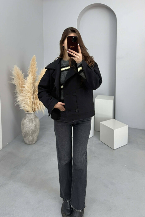 ONE COLOR V NECK BUTTONED WOMAN COAT BLACK/ E ZEZE - 3