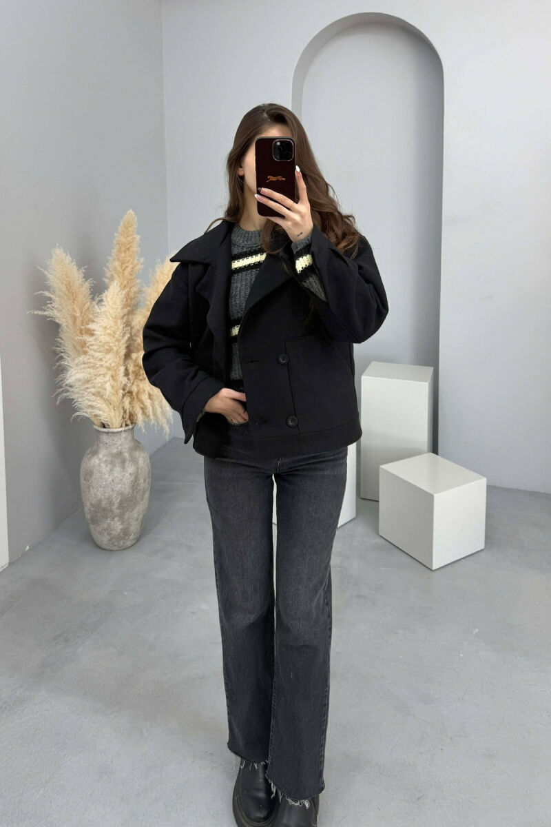 ONE COLOR V NECK BUTTONED WOMAN COAT BLACK/ E ZEZE - 3