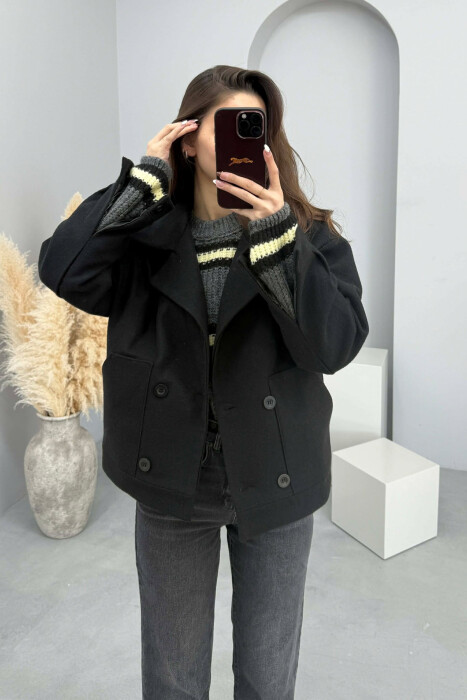 ONE COLOR V NECK BUTTONED WOMAN COAT BLACK/ E ZEZE - 2