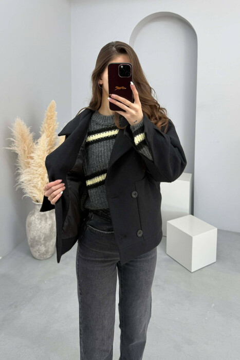 ONE COLOR V NECK BUTTONED WOMAN COAT BLACK/ E ZEZE - 5