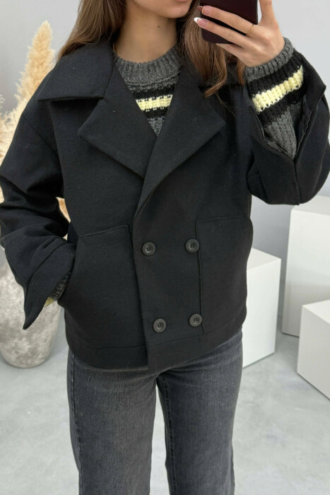ONE COLOR V NECK BUTTONED WOMAN COAT BLACK/ E ZEZE 