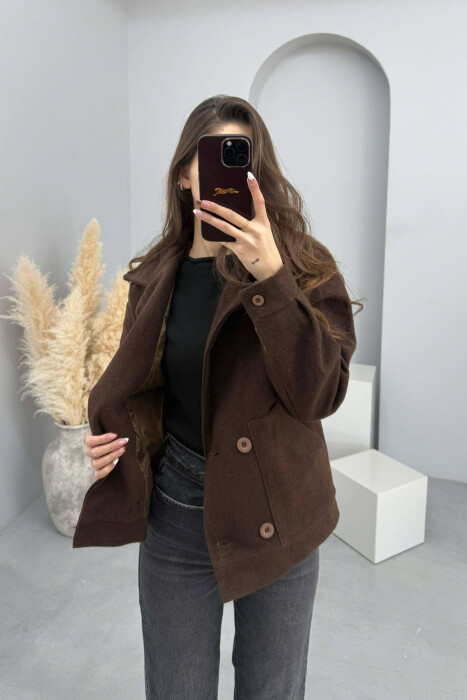 ONE COLOR V NECK BUTTONED WOMAN COAT BROWN/KAFE 