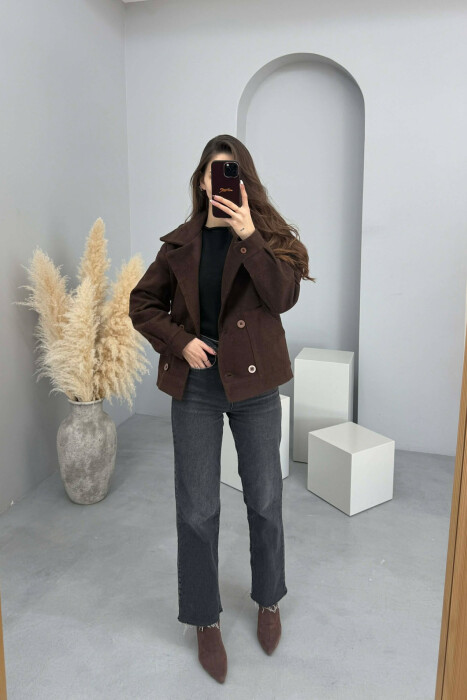 ONE COLOR V NECK BUTTONED WOMAN COAT BROWN/KAFE - 2