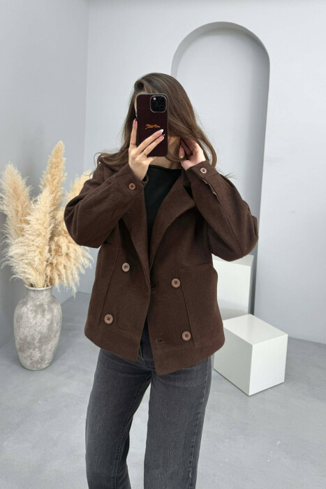 ONE COLOR V NECK BUTTONED WOMAN COAT BROWN/KAFE - 3