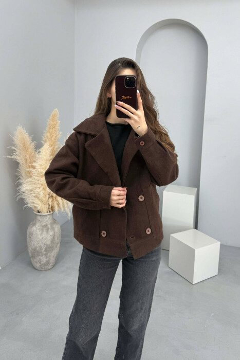 ONE COLOR V NECK BUTTONED WOMAN COAT BROWN/KAFE - 4