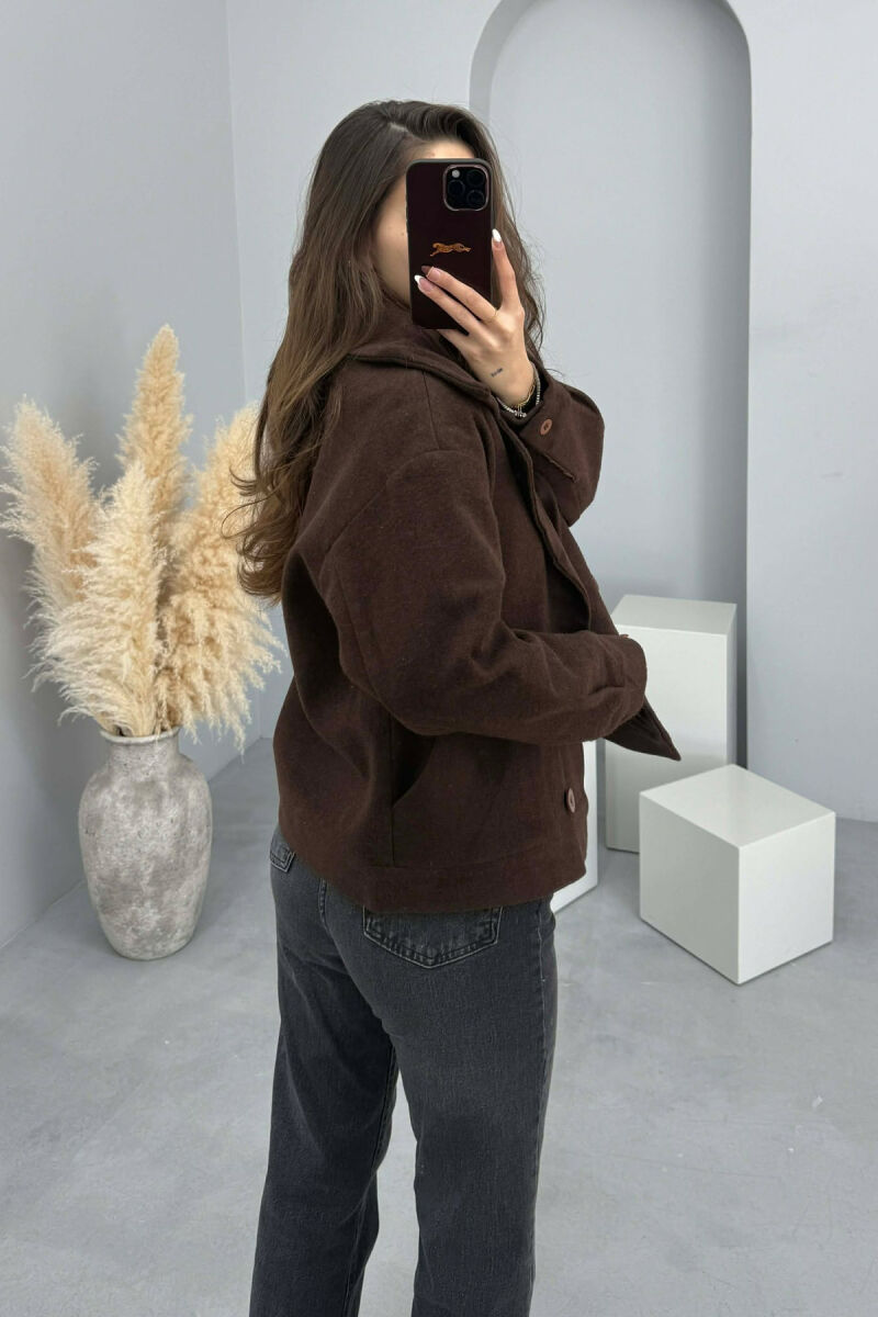 ONE COLOR V NECK BUTTONED WOMAN COAT BROWN/KAFE - 5