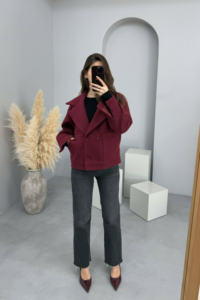 ONE COLOR V NECK BUTTONED WOMAN COAT BURGUNDY/VISHNJE - 2