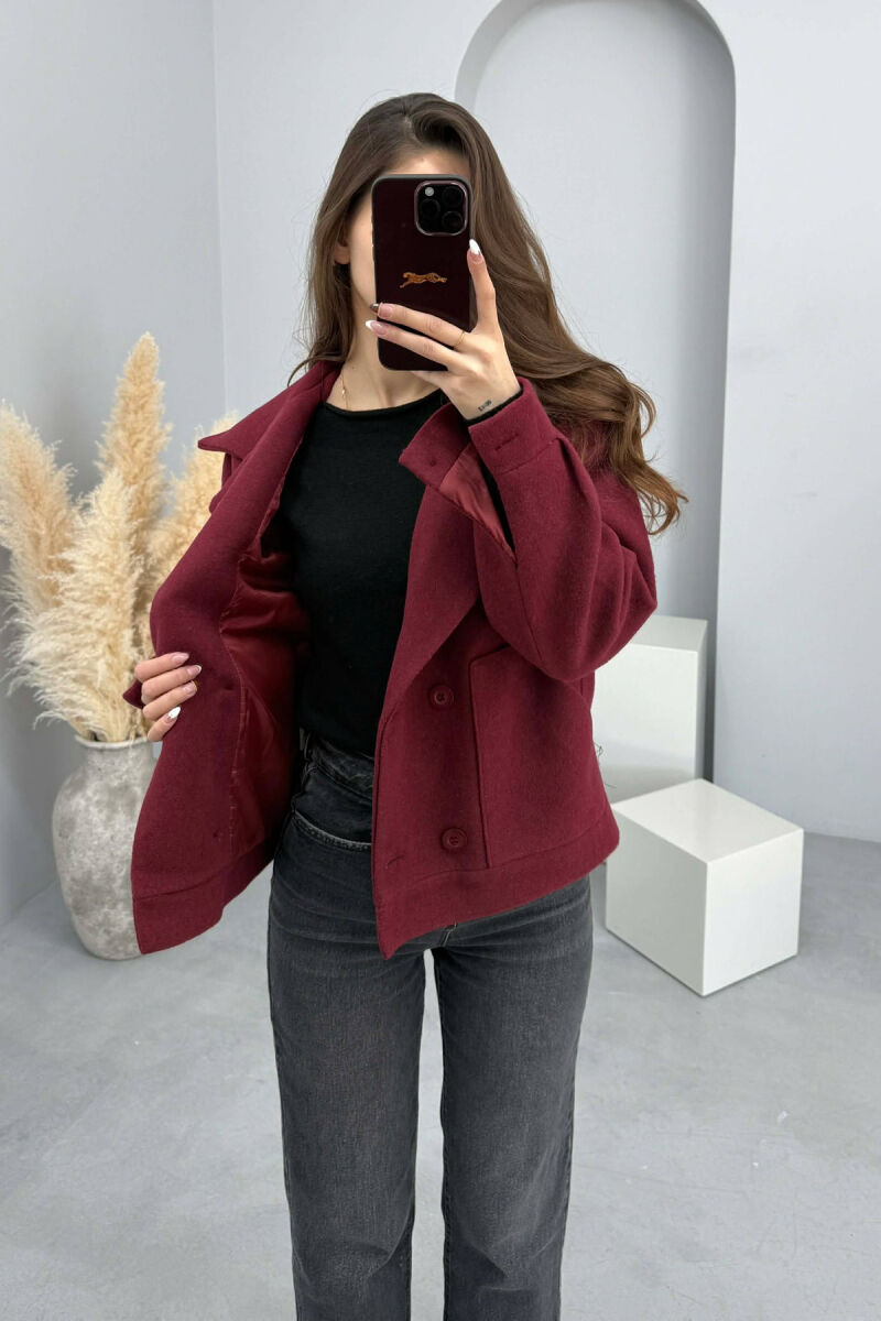 ONE COLOR V NECK BUTTONED WOMAN COAT BURGUNDY/VISHNJE - 3