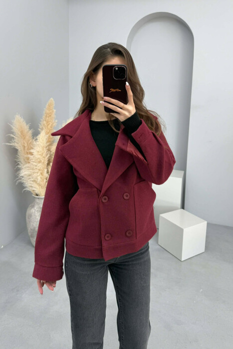 ONE COLOR V NECK BUTTONED WOMAN COAT BURGUNDY/VISHNJE - 1