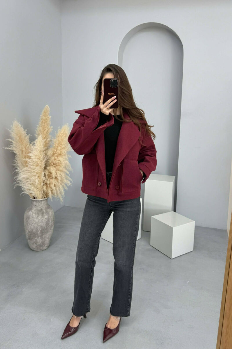 ONE COLOR V NECK BUTTONED WOMAN COAT BURGUNDY/VISHNJE - 4