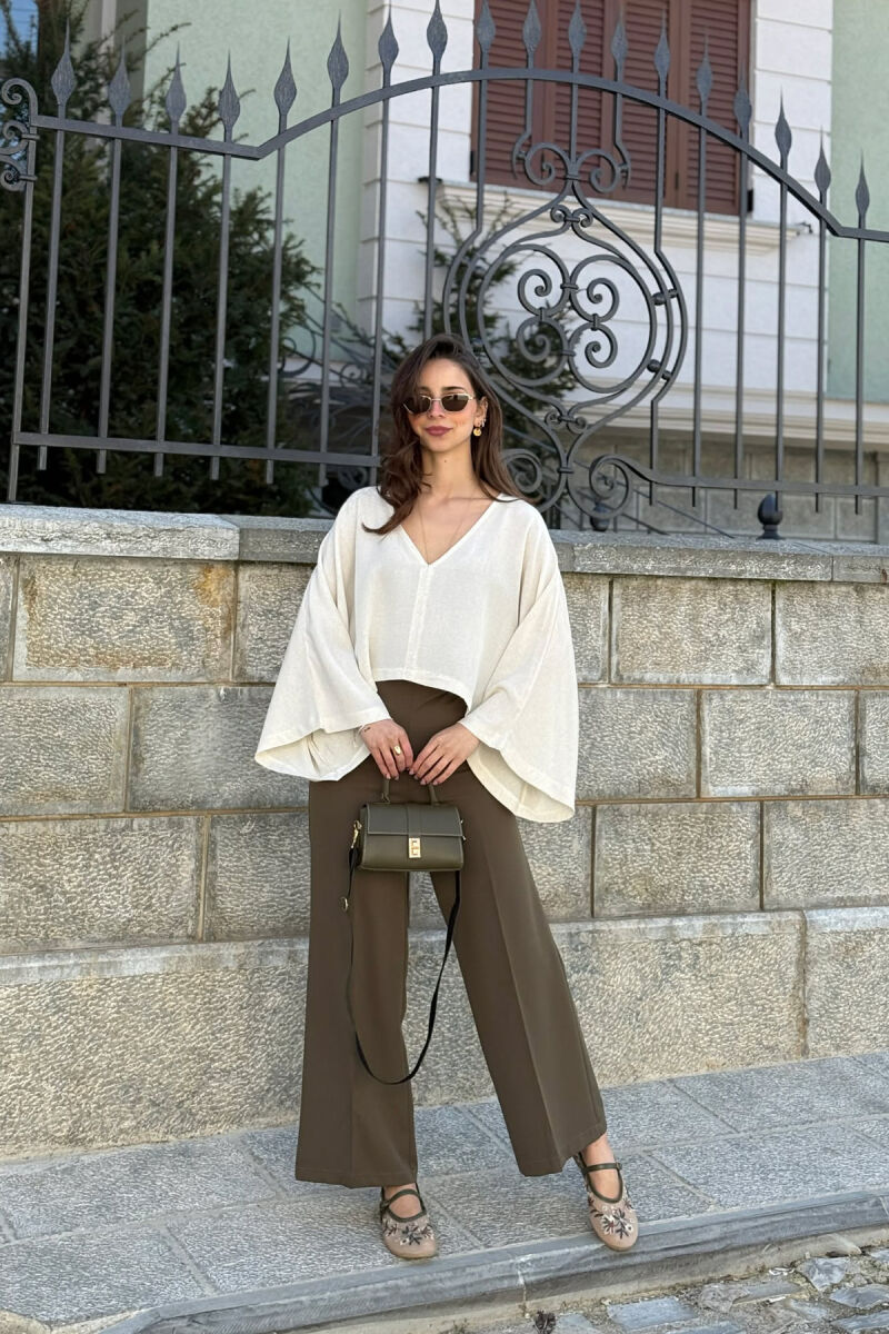 ONE COLOR V-NECK CROP WOMAN SWEATSHIRT CREAM/KREM - 2