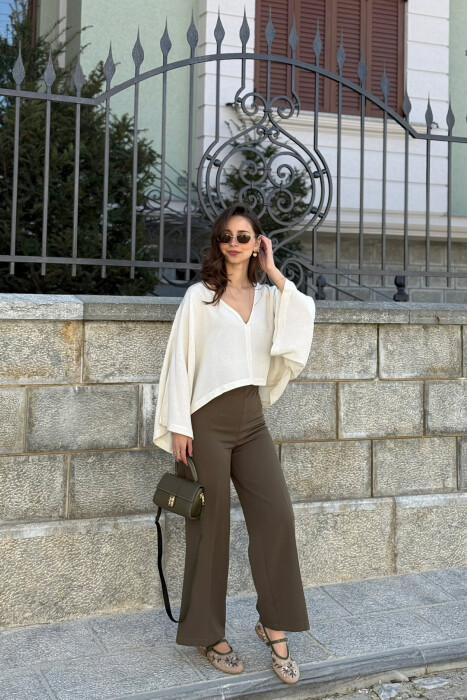 ONE COLOR V-NECK CROP WOMAN SWEATSHIRT CREAM/KREM - 3