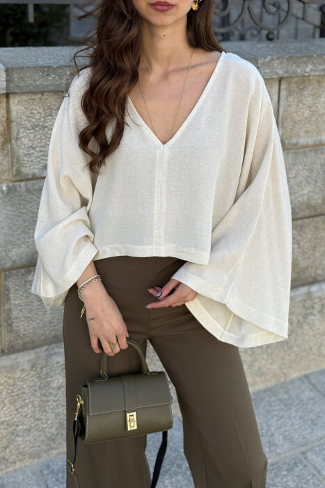 ONE COLOR V-NECK CROP WOMAN SWEATSHIRT CREAM/KREM - 4