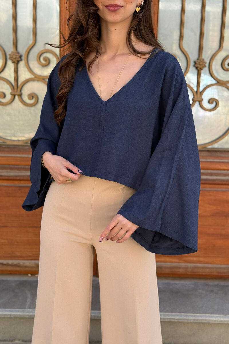 ONE COLOR V-NECK CROP WOMAN SWEATSHIRT DARK BLUE/BEE - 7