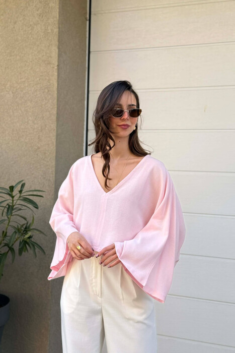 ONE COLOR V-NECK CROP WOMAN SWEATSHIRT PINK/ROZE - 1