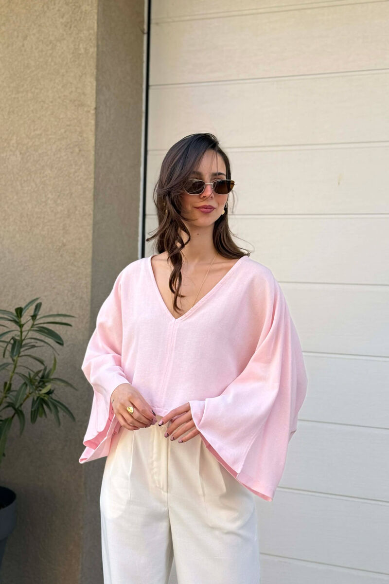 ONE COLOR V-NECK CROP WOMAN SWEATSHIRT PINK/ROZE - 1