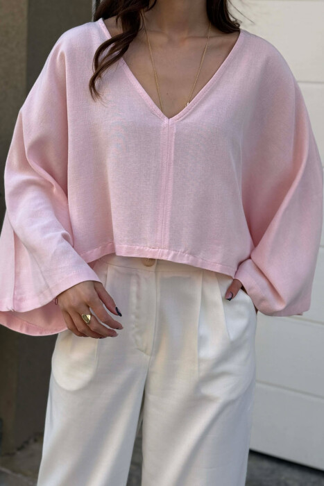 ONE COLOR V-NECK CROP WOMAN SWEATSHIRT PINK/ROZE - 3