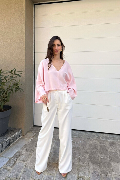 ONE COLOR V-NECK CROP WOMAN SWEATSHIRT PINK/ROZE - 4